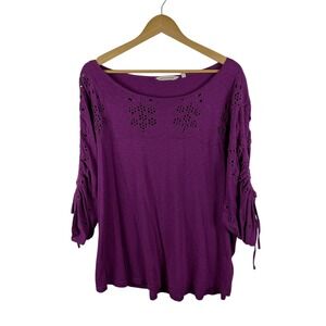 Soft Surroundings Purple Eyelet Ruched Tie Sleeve Top 3X Stretch Comfy‎ Cottage